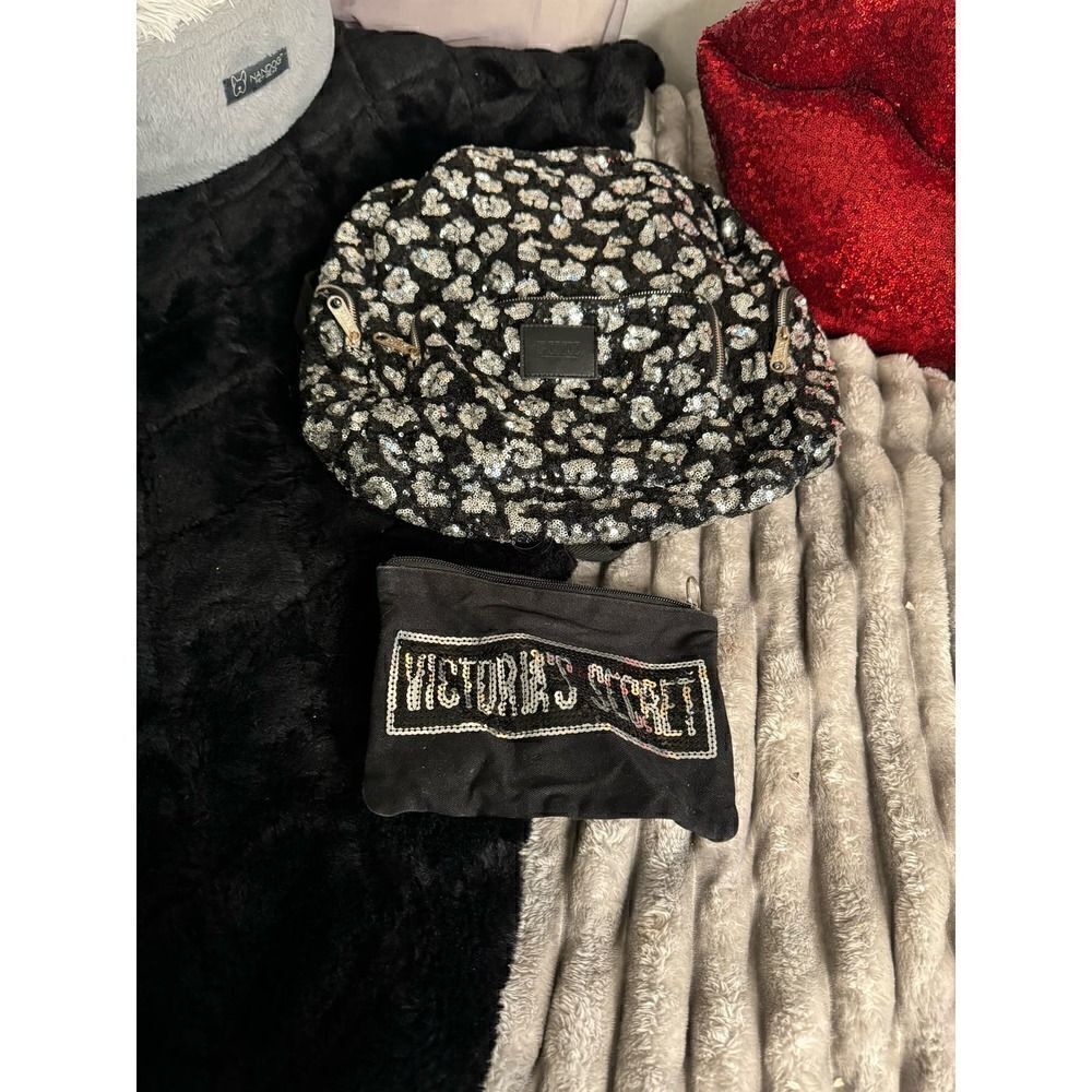 Victorias secret VS pink leopard cheetah sequin bling backpack + pouch